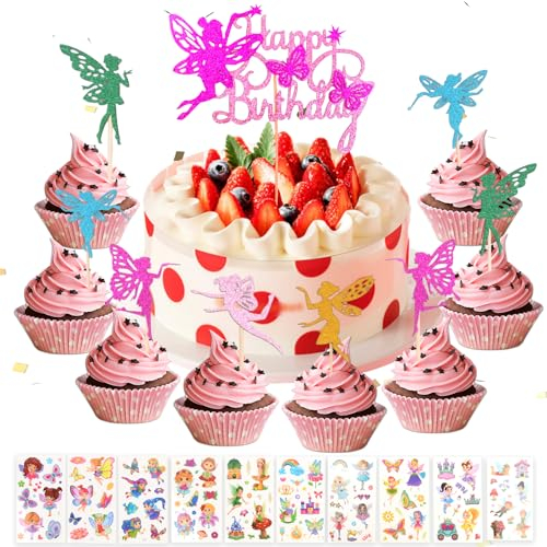 Azonelife 31Pcs Glitter Fairy Cupcake Toppers, Fee Party Dekoration Kuchen Topper Dekoration, Mädchen Kuchen Topper Dekoration Feen Geburtstag,Fee Kuchen Cupcake Topper für Kinder Geburtstagsdeko
