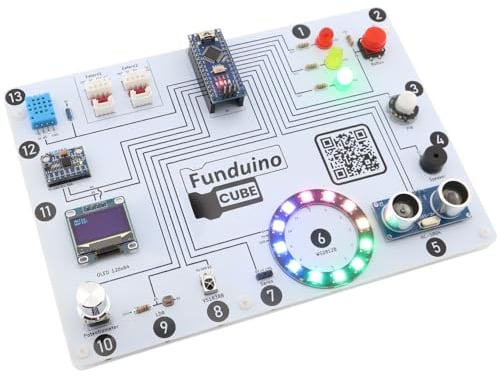 Funduino Cube – Arduino-kompatibles Entwicklerboard inkl. Arbeitsbuch – Programmieren Lernen in 13 Lektionen – Block- & Textbasierte Programmierung (Open Roberta & Arduino IDE)