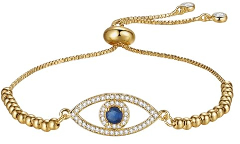 Flongo Womens Evil Eye Bracelet: Gold Silver Adjustable Slider Chain Bracelet - Hypoallergenic Cubic Zirconia Grass Jewelry Gift for Women Girls