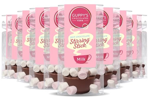 Guppy's Chocolates York | Hot Chocolate Stirrer | 32g Cup Shaped Drinking Chocolate Sticks Spoons | Gift Set (1 Count (Pack of 10), Milk Chocolate With Marshmallows)