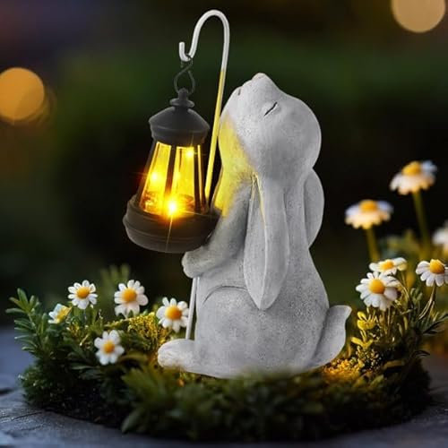 JJALIGHTS Solar Kaninchen Gartenfiguren mit Laterne – Kaninchen Gartendeko Figuren Wetterfest Solar Gartenstatuen für Draußen Balkon Terrassen Geschenke für Frauen Männer Mama Geburtstag 27CM