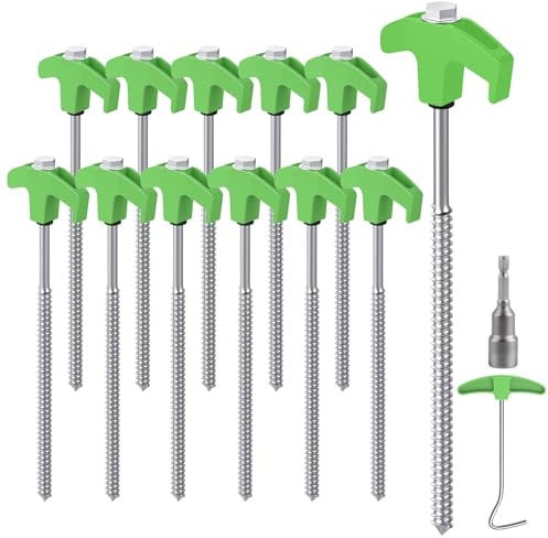 Forever Speed 12 Stück Zeltheringe aus Stahl mit Bit & Nagelzieher, 25 cm Camping Heringe Stahl Bodenanker Felsbodenhering für Harte Böden, Wald, Wiesen - Grün + Silber