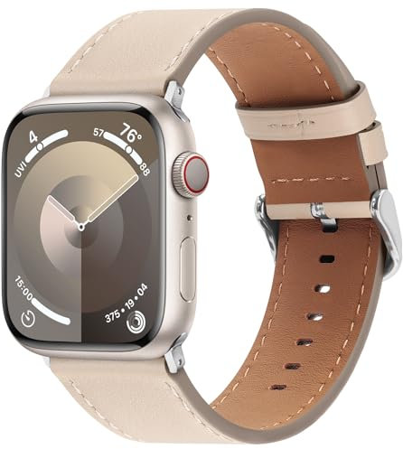 Bisikor Compatible with Apple Watch Strap 49mm 46mm 45mm 44mm 42mm 41mm 40mm 38mm Genuine Leather Wristband Replacement Strap for iWatch Ultra SE Series 10 9 8 7 6 5 4 3 (38/40/41/42, Starlight)