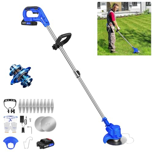 DayPlus Garten-Grasschere | leichte kabellose Schere | leistungsstarke 10000 RPM | 300W Leistung | 21V Lithium-Akku | 12 Klingen; für Garten Hinterhof Feld Clearing Unkraut Rang Gras Hog Unkraut