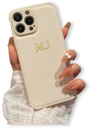 Luxury White Gold Personalised Case Embossed Engraved Compatible For iPhone 15 14 13 12 11 Pro Max Women Gift Name Case Custom Minimalist Leather Cover Initials Letter 7 8 plus XR XS SE 2020