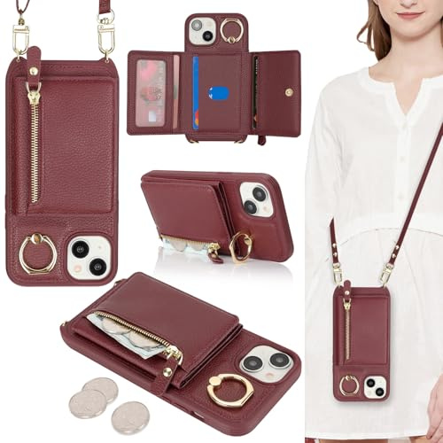 ELTEKER Coque pour iPhone 14 Etui avec Cordon Collier Sangle réglable,Housse en Cuir avec Anneau Étui iPhone 14 Portefeuille avec Porte Carte Pochette - Rouge vin