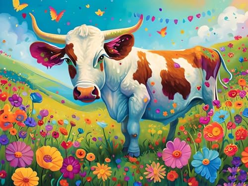 Malen Nach Zahlen Erwachsen, Handgemalt Ölgemälde Kit für Anfänger und Erwachsene mit 3-Pinseln und Acrylfarbe, Tier Kuh Malen Nach Zahlen Kinder für Basteln Zuhause Mädchen Geschenk 35x25cm s-7114