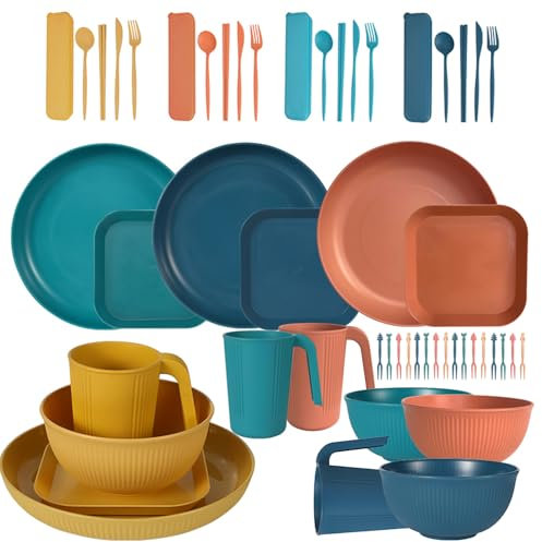48 Pcs Geschirr Sets für 4,Teller und Schüsseln Sets Unbreakable Geschirr Set, Teller Schüsseln Tassen Besteck Sets, Reise Camping Leichtes Geschirr