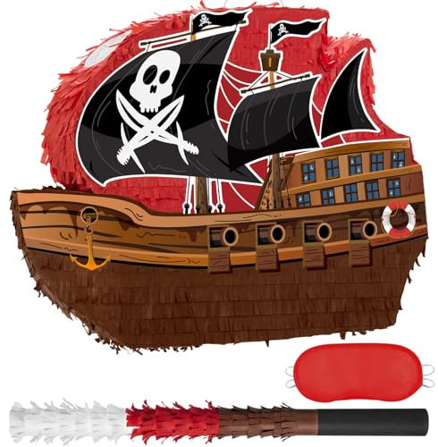 WERNNSAI Piraten Piñata – Piratenschiff Piñata mit Augenbinde und Schlagstock für Jungen und Kinder karibische Piraten Partygeschenke für Geburtstage Dekorationen Familienspiele Piratenpartyzubehör