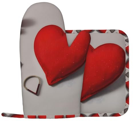 Gants de four romantiques en silicone avec cœur rouge et tapis de cuisson pour griller, cuisiner et faire de la pâtisserie