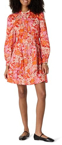 Amazon Essentials Robe Chemise à Volants en Satin de Coton, Coupe Classique Femme, Rouge Coquelicot Vif Rose Blush Multi Folk Floral, XL