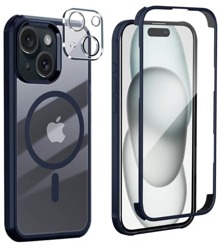 Leedia Handyhülle Kompatibel mit iPhone 15 Magsafe Hülle 360 Grad Ganzkörper Eingebauter Panzerglas Displayschutz Schutzfolie Case Stoßfest Schutzhülle für iPhone 15 6.1 Blau