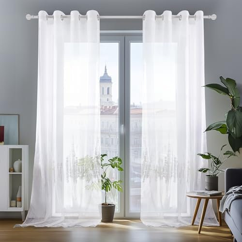 Deconovo Voile Vorhänge mit Ösen Vorhang Transparent Gardinen Wohnzimmer Ösenvorhang Schlafzimmer Luftig, 245x140 cm, Weiß, 2er Set