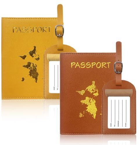 AUEFUDQ 2 Pezzi Custodie Porta Passaporto E 2 Etichette Valigie, Da Viaggio In Pelle Pu, Per Bagagli, Supporto Per Carte D'Identità (Giallo, Marrone)
