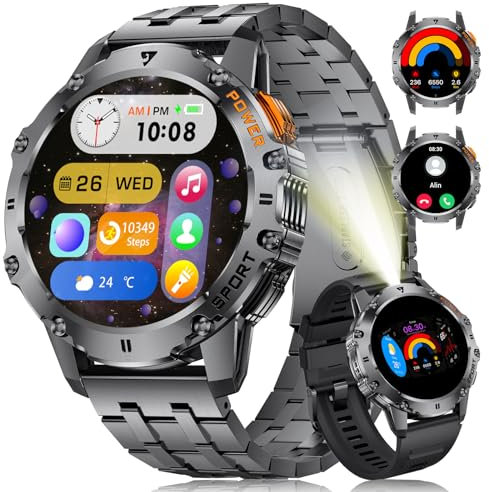 ESFOE Smartwatch Uomo Militare con Torcia LED,1.43 AMOLED Orologio Smartwatch Uomo con 500mAh 5ATM Impermeabile, 110+ Modalità Sportive Fitness Tracker Smart Watch con Chiamate Whatsapp
