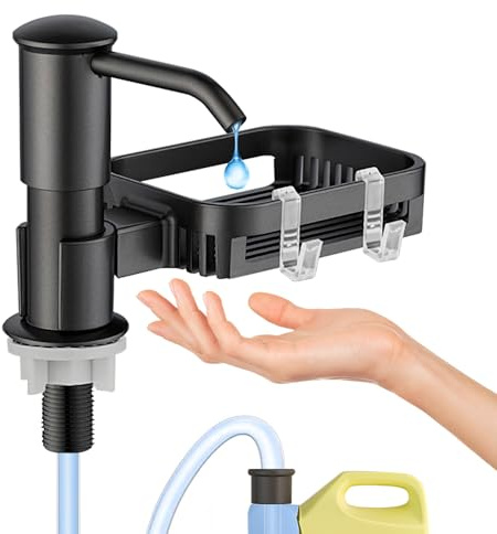 Seifenspender Schwarz Küche, Spülmittelspender Küche mit Schwammhalter, 360° Drehbarer Pumpenkopf mit 1m Verlängerungsrohr Set, Gute Saugkraft Soap Dispenser
