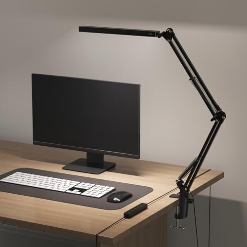 Meltrck Schreibtischlampe LED Dimmbar mit Klemmbefestigung - 1200 Lumen Augenschutz Tischleuchte mit 5 Farbmodi & 11 Helligkeitsstufen, 45-Min Timer und 80 LED-Chips (Schwarz)