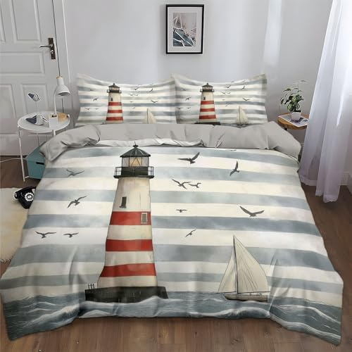 Generisch Bettwäsche 155x220cm Gestreifter Leuchtturm Boot Vogel Bettbezug Set, Weich Atmungsaktiv Polyester Baumwolle Bettwäsche 3 teilig, für Erwachsene Kinder mit 2 Kissenbezug 80x80 cm