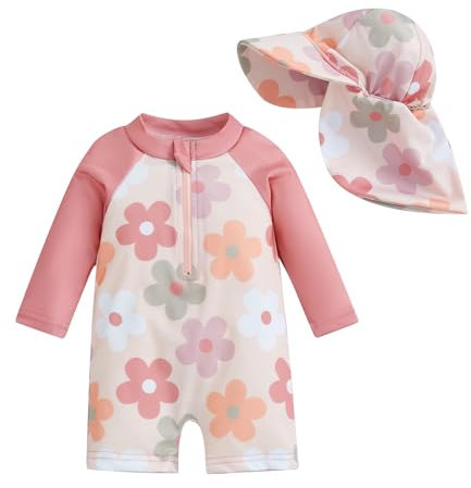 Geagodelia Toddler Baby Girl Swimsuit and Hat Zip Up Long Sleeve All in One Swimming Costume UV Sun Protection Swimwear One Piece Swimming Suit Rash Guard Sunsuit (Floral Dark Rose, 18-24 Months)