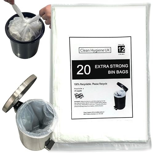 12L Bin Liners Extra Strong Dustbin Waste Bags For Round, Oval, Square & Rectangular Pedal Bins 12 Liter Bedroom Bathroom Office Hotels Garbage White Refuse Trash Rubbish Sacks 12 Litre - 20 Count