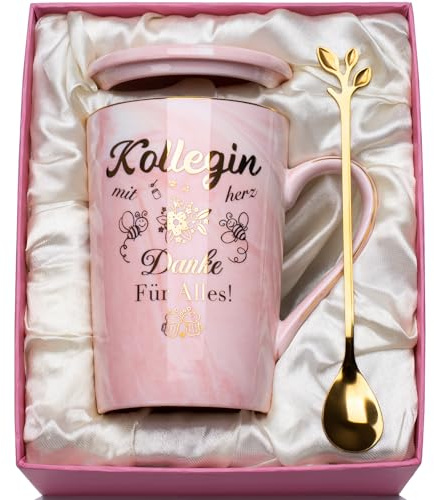 Abschiedsgeschenk Kollegin, Abschied Kollegin Marmor Keramiktasse 400ml, Kollegin Geschenk Tasse Abschied Kollegin, Geschenk Abschied Kollegin mit Goldaufdruck, Deckel, Löffel, Grußkarte, Geschenkbox