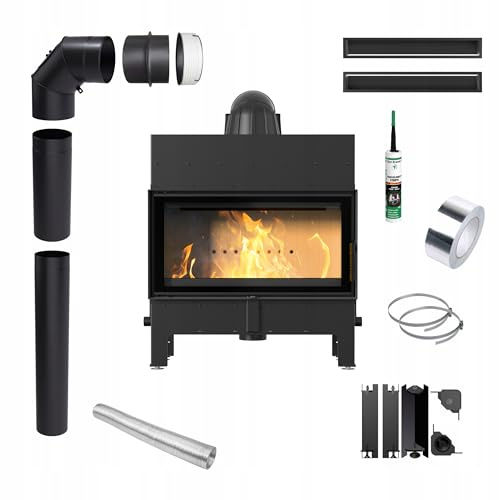 Kaminofen Holzkamin Stahl Floki Schwarz 10kW ∅200 BImSchV 2 Wirkungsgrad 83% Kamineinsätze Holz Leistungsbereich 4-13kW Traditioneller Kamineinsatz Komplettset mit Zubehör