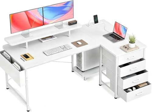Claiks Schreibtisch L Form mit 4 Stoff Schubladen, 160x80 cm Eckschreibtisch mit USB-Ladeanschluss und Steckdose, L förmiger Schreibtisch mit Monitorablage für Büro, Weiß