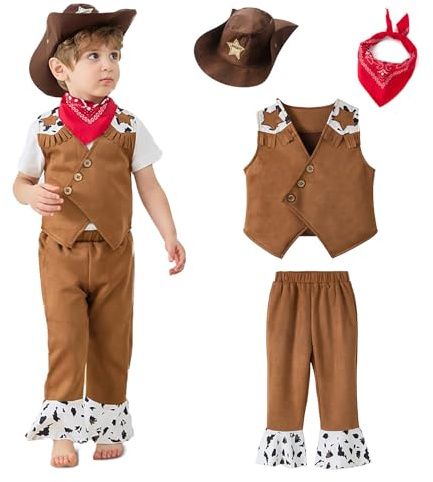 Yunlaishaocer Cowboy Kostüm Kinder, Karneval Kostüm Kinder Jungen, Cowboy Kostüms Junge mit cowboy Hut, Cowboys Weste, Halstuch, für Karneval Cosplay Halloween Party Dress Up (Sternenstil, 7-8 Jahre)