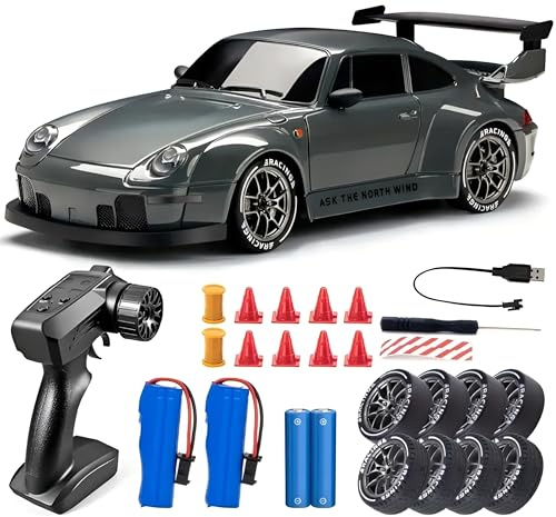 Mormark Voiture télécommandée - Voiture RC Drift 1:24 avec télécommande | Jusqu'à 20 km/h, 4WD, lumières LED, 4 roues supplémentaires et cônes | 30 min de jeu, batterie rechargeable USB | DRIFTOR
