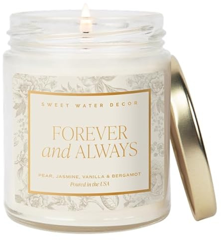 Sweet Water Decor Forever and Always Wedding Candle, Bridal Shower Gift, Scents; Pear, Jasmine, Vanilla, & Bergamot, Romantic Candle, 40 Hours Burn Time, Grey Delft Design 9oz Clear Jar with Gold Lid