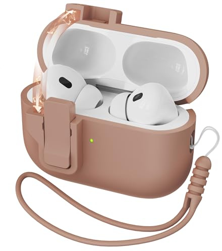 R-fun Schutzhülle für AirPods Pro (2. Generation), Flüssigsilikon, automatischer Pop-up-Mechanismus, stoßfest, weich, mit Trageband und Reinigungsset, LED-Beleuchtung vorne, A-Milchtee