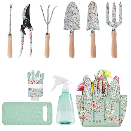 10 Stück Gartengeräte-Set, Robuste Garten-Handwerkzeuge aus Edelstahl mit Aufbewahrungstasche, Gartenschere, Gartenschaufel, Handschuhe, Gartenkralle usw, Gartengeschenke für Gartenfreunde (Blumenmust
