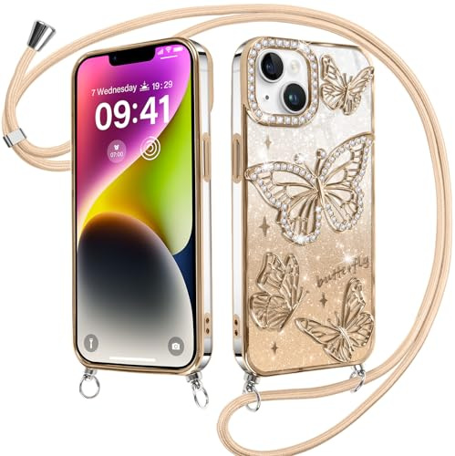 Kueqeay Coque pour iPhone 14/iPhone 13 6,1 avec Cordon, Glitter Bling Diamant Aesthetic Motif Papillon 3D Étui Silicone Lanyard Case Femmes Filles Scintillante Housse d'objectif Photo Design,Or