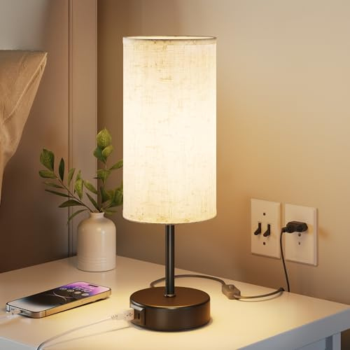 UPXNBOR Nachttischlampe Touch, Tischlampe Dimmbar mit Ladefunktion | Schreibtischlampe mit USB-A+C Ladefunktion, 3-stufigem Warmlicht, Leinen-Lampenschirm, 1,5 m Kabel, E27-Lampe inkl., Schwarz