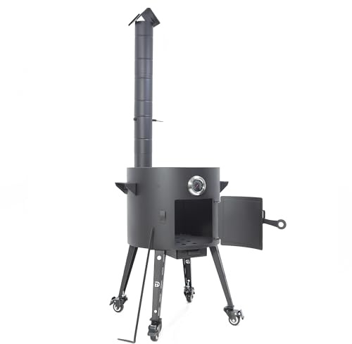 Feuerofen Utschak Ø 40 cm für Kazan Wok 12 L mit Abzugsrohr, Thermometer | Учаг Outdoorküche Feuerschale & Gulaschkanone | Usbekische Kochstelle für Kasan Plov Grill (Ofen mit Räder)
