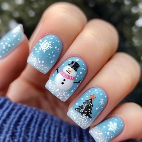 Lot de 24 faux flocons de neige bleus pour sapin de Noël avec motif bonhomme de neige facile à appliquer en ABS