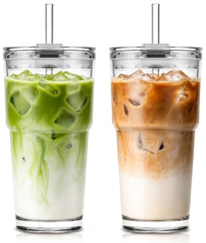 KEMORELA 2 Stück 600ml Glasbecher mit Deckel und Strohhalm, Trinkglas mit Deckel und Strohhalm, Auslaufsicherer Tumbler aus Glas, Eiskaffee Becher, Smoothie, To Go Becher für Kaffee, Saft und Matcha