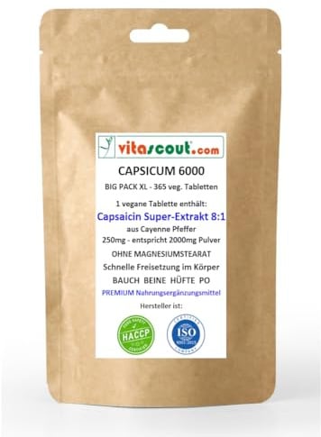 CAPSICUM 6000 Extrakt 365 Tabletten - Capsaicin aus Cayenne-Pfeffer - Extrakt 8:1 - Chili POWER - F-BURNER - Diät Unterstützung & (Fett) Stoffwechsel