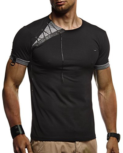 Leif Nelson - LN1245 - T-shirt d'été à col rond - Coupe ajustée et longue - À manches courtes - En coton - Pour homme, Noir , S