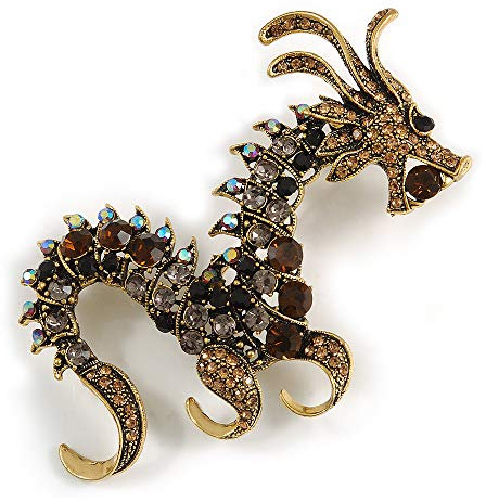 Avalaya Grande broche dragon chinois en or vieilli avec topaze/citrine/gris/noir - 100 mm de haut