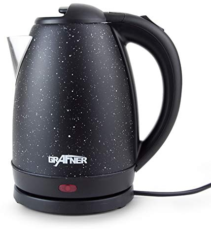 Grafner Edelstahl Wasserkocher, 2200 Watt, 1,7 Liter, massiver Korpus, verdecktes Edelstahl- Heizelement, 360° Basis, BPA-frei, Überhitzungsschutz Trockenlaufschutz gesprenkelt gepunktet schwarz