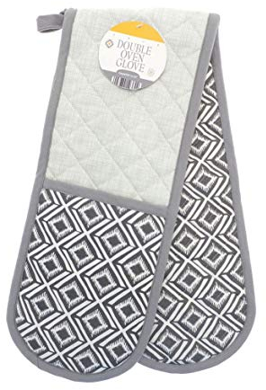 Kitchen Cooking Padded Heat Resistant Double Oven Fun Pattern Mitt Mitten Gloves (Grey Global Geo)