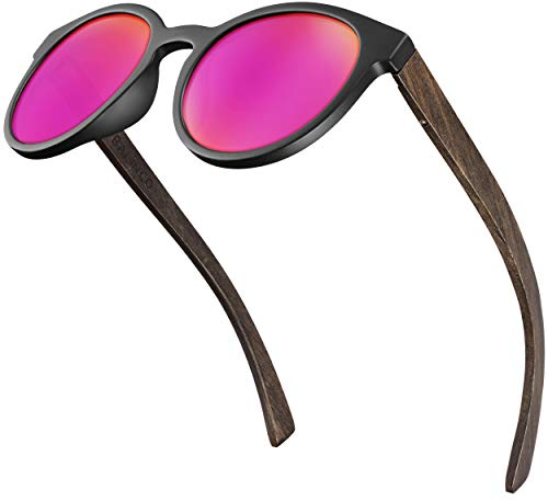 Balinco® Lunettes de soleil en bambou avec verres ronds polarisés - dans un set d'accessoires, boîte cadeau incluse -protection UV400 & lentilles TAC - convient aux femmes & aux hommes (rose miroité)