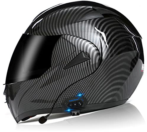 Casque Bluetooth Modulables pour Moto Casques Intégraux Racing Motocross ECE Homologué Avec Double Visière, Casque avec haut-parleur intégré pour une réponse automatique C,L