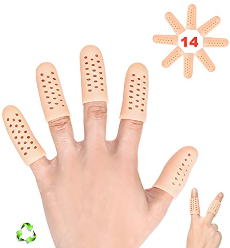 Protector Dedos Mano, 14 Piezas Protector Para Dedos de Gel, Transpirable Nuevo Material, Dedales de Silicona, Funda Dedos Manos, Para Ampollas, Dedos Agrietados, Artritis de Dedos y Más.(Piel)