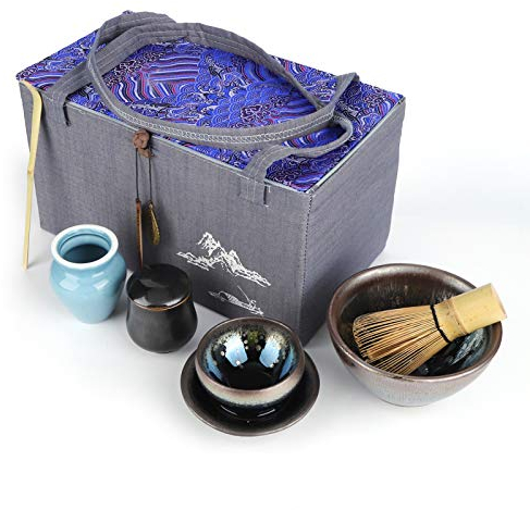 Alvinlite Set da tè giapponese Matcha 6 pezzi Matcha, kit da cerimonia Matcha, ciotola per frusta in ceramica (B-nero)