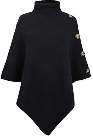 May Story Damen Pullover Poncho Asymmetrisch Rollkragen Jumper Strickschal Umhang Oberteil mit Knöpfen (One Size, Schwarz)