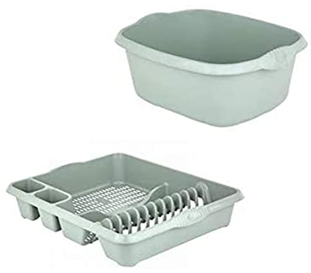 Plastic Rectangular Washing Up Bowl & Large Dish Drainer Rack Plate Holder Kitchen Sink 2 Pc Set (Sage)
