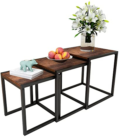 HAHRIR Nesting Table Set of 3 Side Tables, Modern Coffee Table Stacking End Table with Metal Frame，Brown