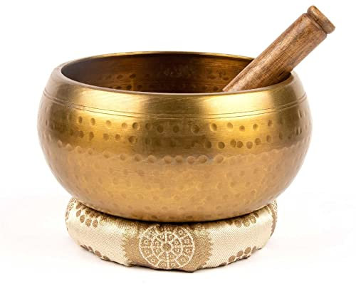 Myga Cuenco de cobre martillado con cojín y delantero de doble extremo, crea hermosos sonidos para meditación, relajación, bienestar y curación, ideal para chakra, yoga y zen, grande, 18 cm
